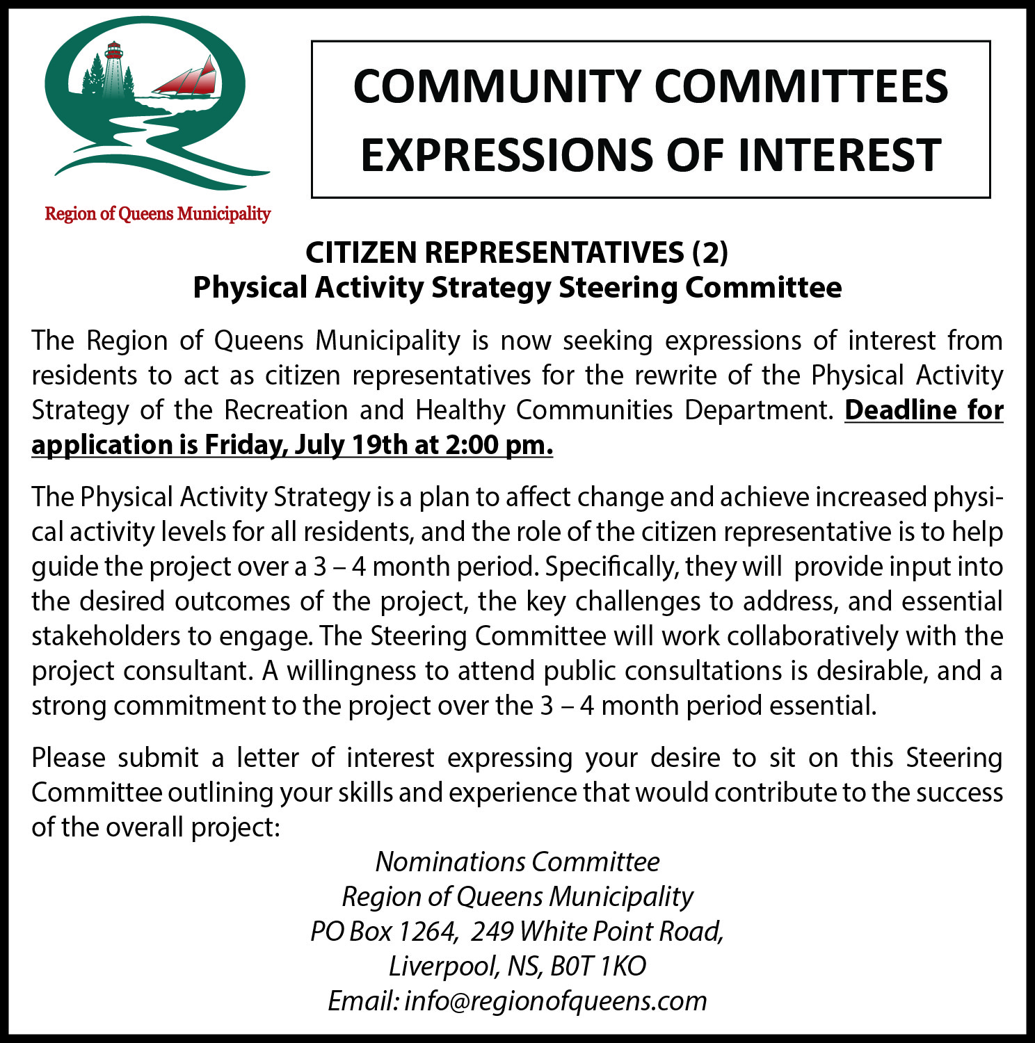 Physical Activity Strategy Steering Committee Expression of Interest Ad